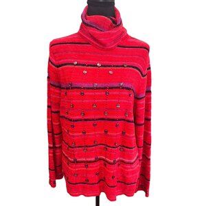 Sigrid Olsen Embellished Striped Turtleneck Sweater Red Button Detail Casual L